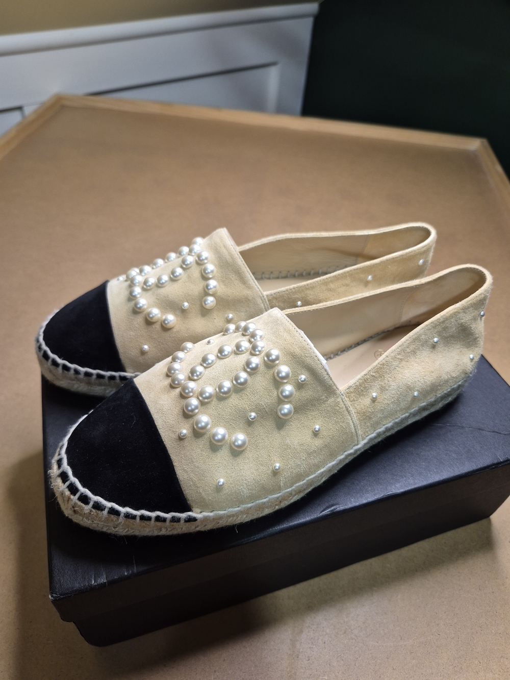 CHANEL Cream Suede Espadrilles with Black Cap Toe & Pearl Embellishment